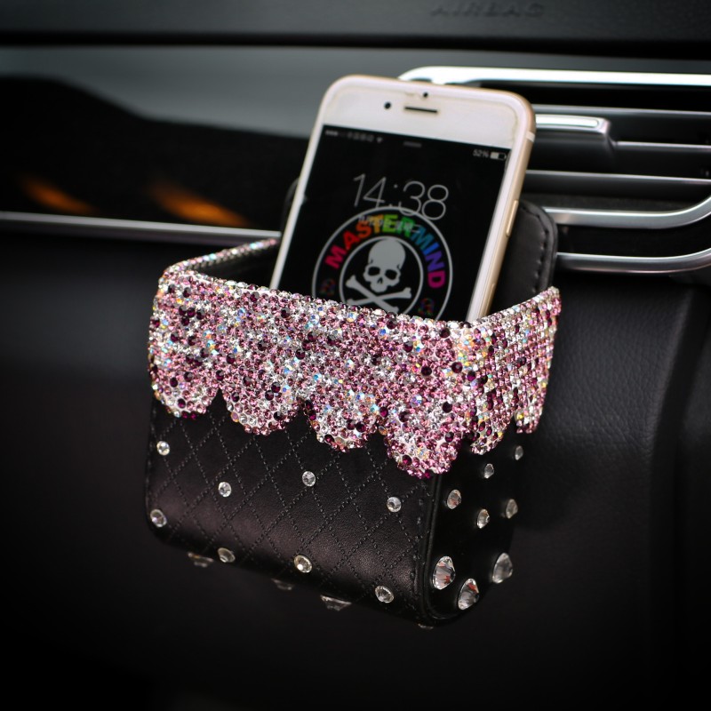 Beautiful 1pcs Crystal Car Storage Bucket Leather Storage Box Diamond Auto Storage Bag - Purple