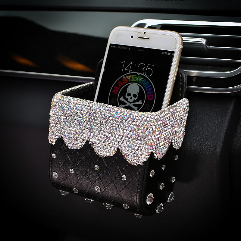 Beautiful 1pcs Crystal Car Storage Bucket Leather Storage Box Diamond Auto Storage Bag - White
