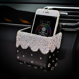 Beautiful 1pcs Crystal Car Storage Bucket Leather Storage Box Diamond Auto Storage Bag - White