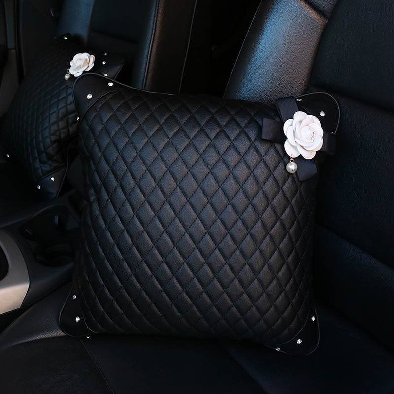 Beautiful Camellia Women Rhinestone Car Seat Lumbar Pillows PU Leather Square Cushions 1pcs - Black