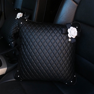 Beautiful Camellia Women Rhinestone Car Seat Lumbar Pillows PU Leather Square Cushions 1pcs - Black