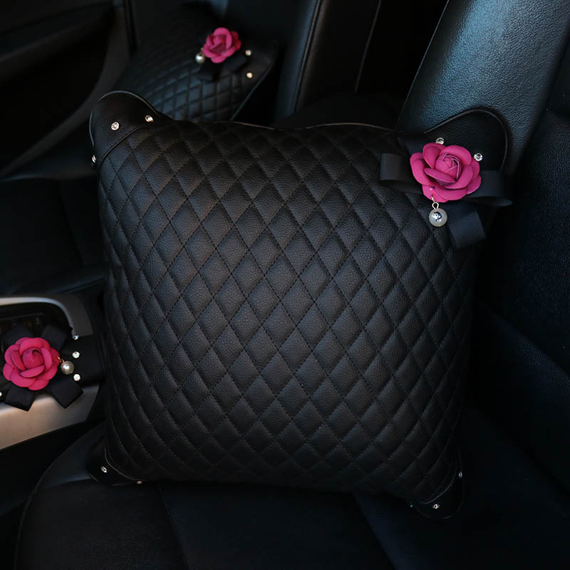 Beautiful Camellia Women Rhinestone Seat Lumbar Pillows PU Leather Square Cushions 1pcs - Black
