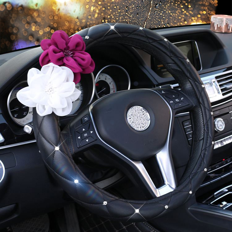 Beautiful Color Camellia Diamond Car Steering Wheel Covers Genuine Leather 15 Inch 38CM - Black