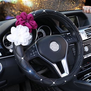 Beautiful Color Camellia Diamond Car Steering Wheel Covers Genuine Leather 15 Inch 38CM - Black