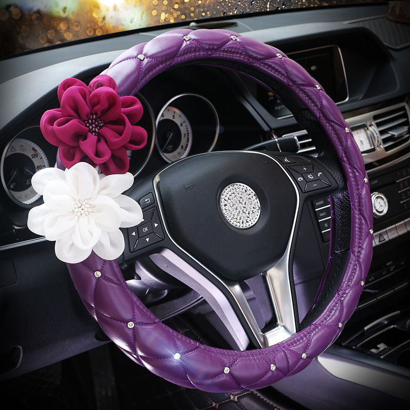 Beautiful Color Camellia Diamond Car Steering Wheel Covers Genuine Leather 15 Inch 38CM - Purple