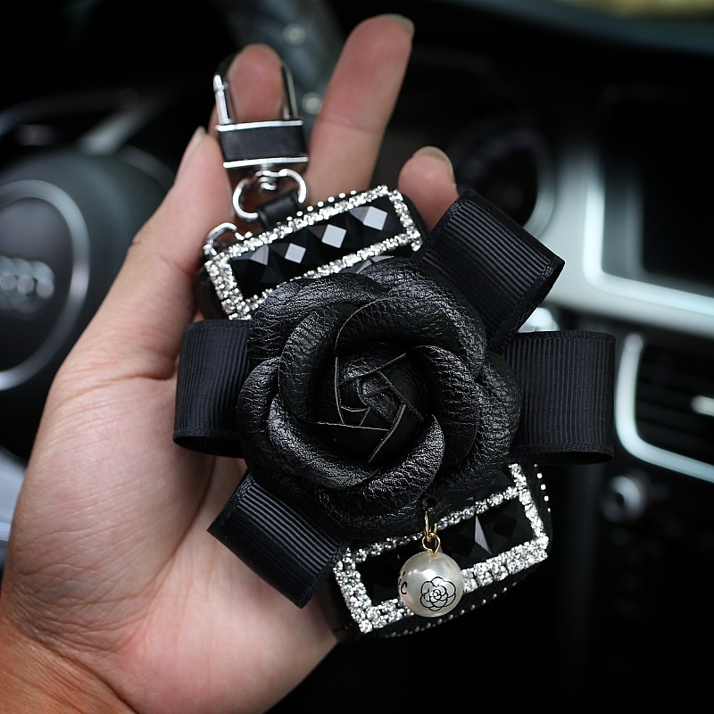 Beautiful Cute Camellia Universal Bling Leather Auto Key Bags Key Chain - Black
