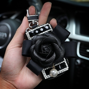 Beautiful Cute Camellia Universal Bling Leather Auto Key Bags Key Chain - Black