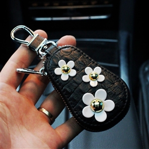 Beautiful Cute Daisy Universal Genuine Leather Auto Key Bags Key Chain - Black