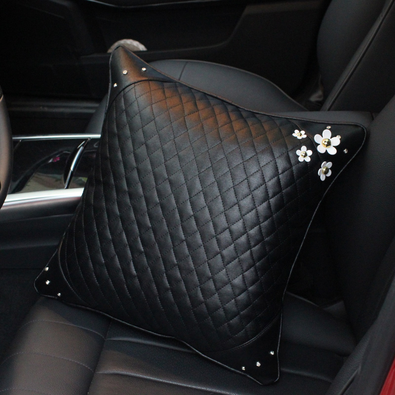 Beautiful Daisy Women Rhinestone Car Seat Lumbar Pillows PU Leather Square Cushions 1pcs - Black