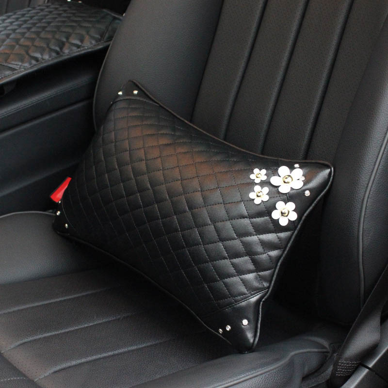 Beautiful Daisy Women Rhinestone Car Seat Waist Pillows PU Leather Rectangle Cushions 1pcs - Black