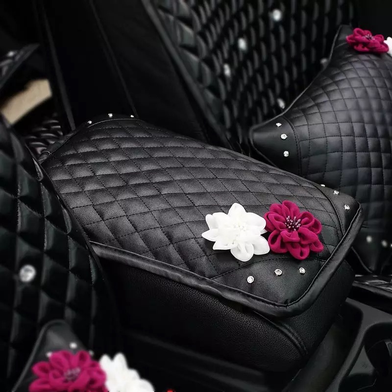 Beautiful Floral Women Rhinestone Car Armrest Pad PU Leather Armrest Cushions 1pcs - Black
