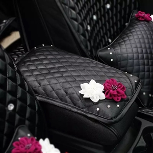Beautiful Floral Women Rhinestone Car Armrest Pad PU Leather Armrest Cushions 1pcs - Black