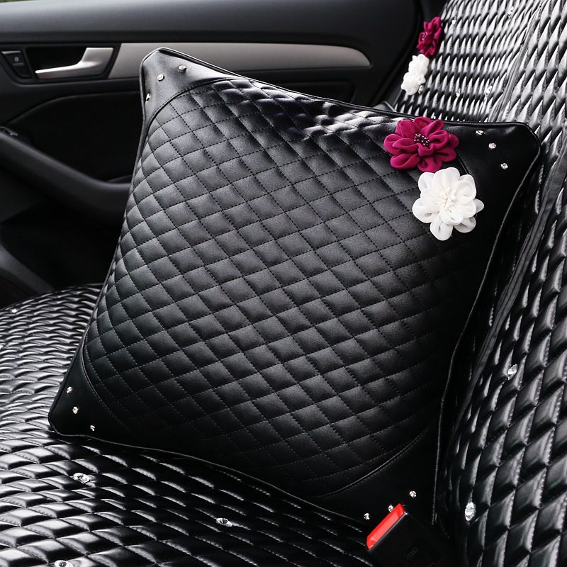 Beautiful Floral Women Rhinestone Car Seat Lumbar Pillows PU Leather Square Cushions 1pcs - Black