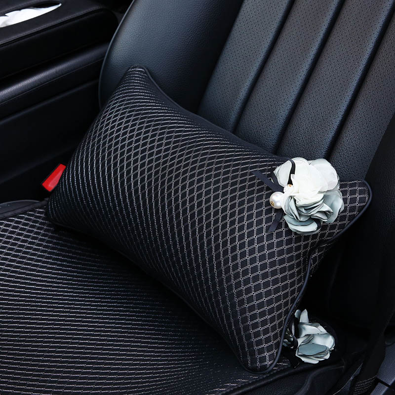 Beautiful Flower Women Ice Silk Car Seat Waist Pillows PU Leather Rectangle Cushions 1pcs - Black