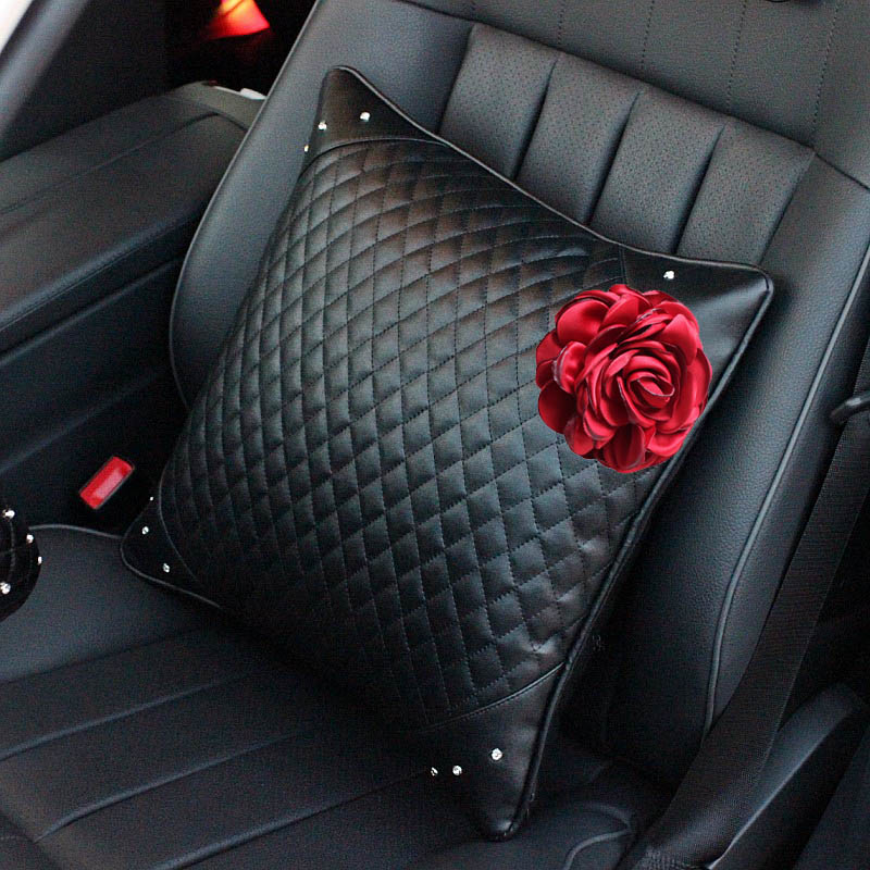 Beautiful Flower Women Rhinestone Car Seat Lumbar Pillows PU Leather Square Cushions 1pcs - Black