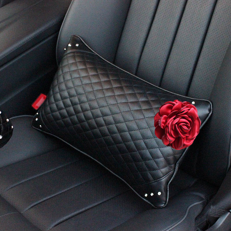 Beautiful Flower Women Rhinestone Car Seat Waist Pillows PU Leather Rectangle Cushions 1pcs - Black