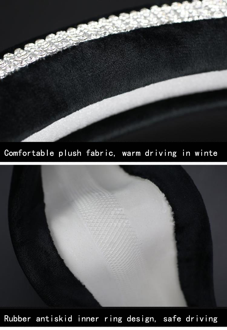 Beautiful Full Diamod Rhinestone Leather Auto General Anti-slip Crystal Car Steering Wheel Cover Women - Black Silver