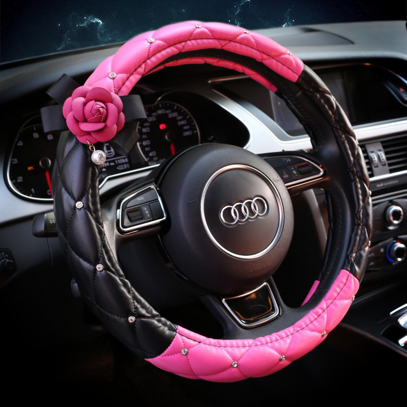 Bling Pretty Camellia PU Leather Vehicle Steering Wheel Covers 15 inch 38CM - Black Rose