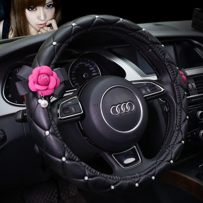 Bling Pretty Camellia PU Leather Vehicle Steering Wheel Covers 15 inch 38CM - Black