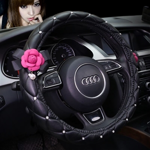 Bling Pretty Camellia PU Leather Vehicle Steering Wheel Covers 15 inch 38CM - Black