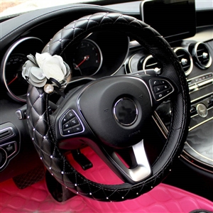 Bling Pretty Flower PU Leather Car Steering Wheel Covers 15 inch 38CM - Black