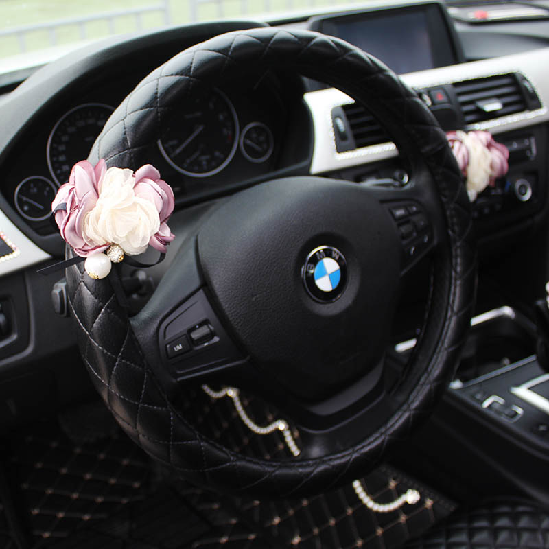 Bling Pretty Flower PU Leather Vehicle Steering Wheel Covers 15 inch 38CM - Black