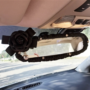 Bling Women Leather Camellia Car Rearview Mirror Elastic Covers Motorcar Interior Decorate - Black