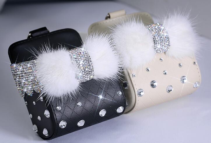 Bow 1pcs Crystal Car Storage Bucket Leather Storage Box Diamond Auto Storage Bag - Black