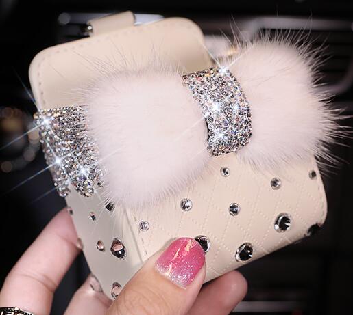 Bow 1pcs Crystal Car Storage Bucket Leather Storage Box Diamond Auto Storage Bag - Beige