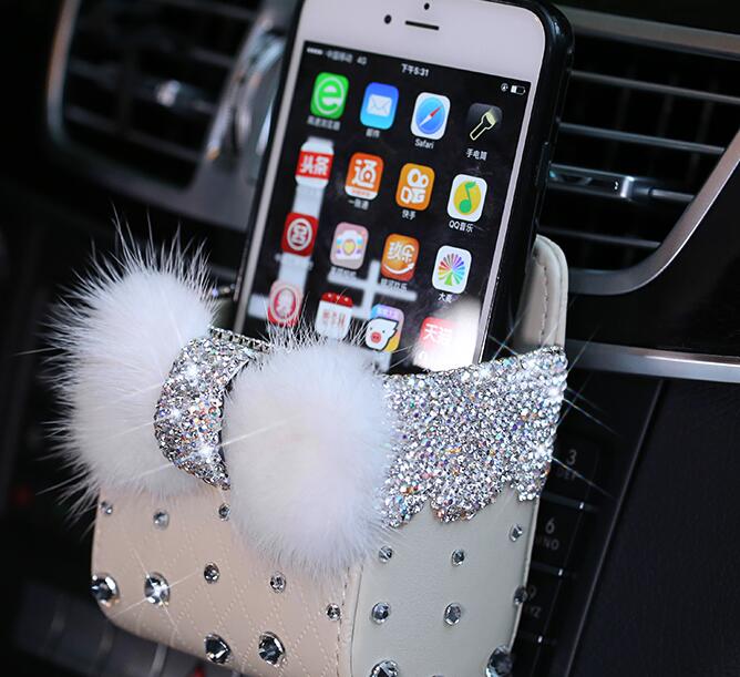 Bow 1pcs Crystal Car Storage Bucket Leather Storage Box Diamond Auto Storage Bag - Beige