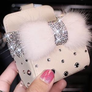 Bow 1pcs Crystal Car Storage Bucket Leather Storage Box Diamond Auto Storage Bag - Beige
