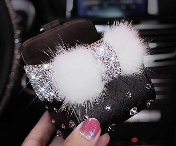 Bow 1pcs Crystal Car Storage Bucket Leather Storage Box Diamond Auto Storage Bag - Black