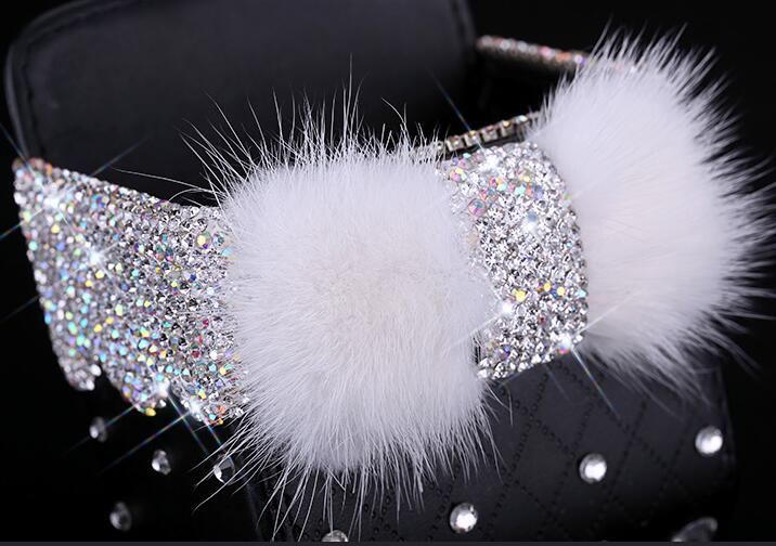 Bow 1pcs Crystal Car Storage Bucket Leather Storage Box Diamond Auto Storage Bag - Black