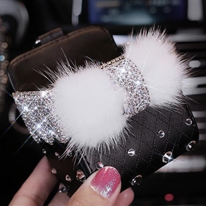 Bow 1pcs Crystal Car Storage Bucket Leather Storage Box Diamond Auto Storage Bag - Black