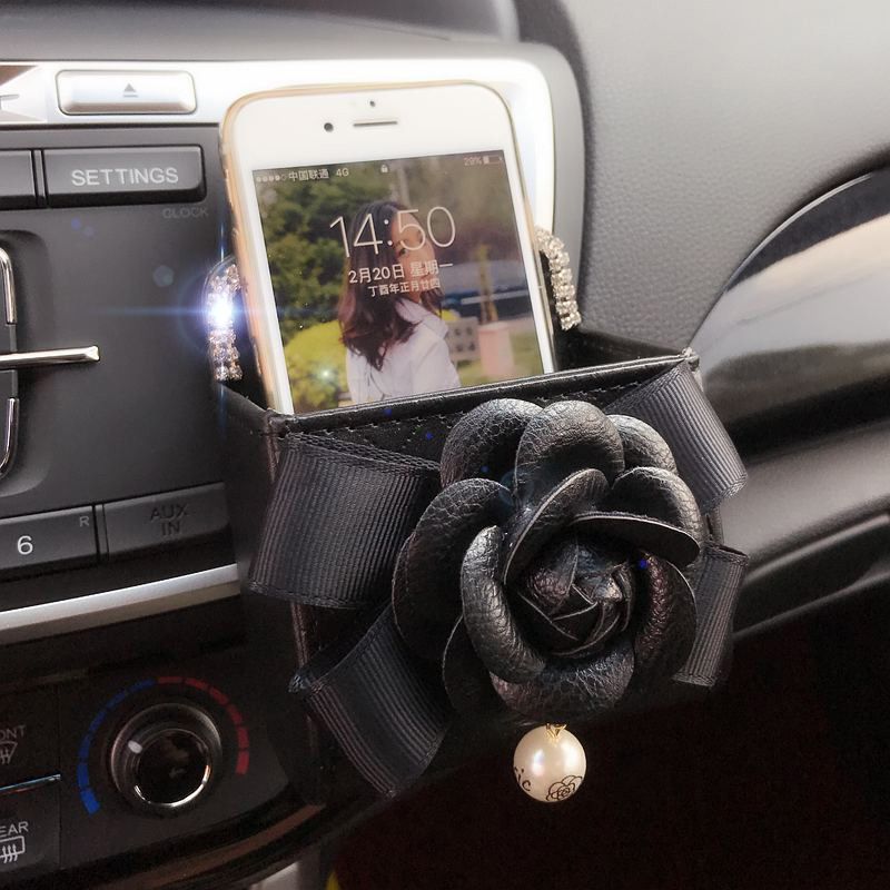 Camellia 1pcs Cute Automobile Storage Bucket Leather Storage Box Diamond Auto Storage Bag - Black