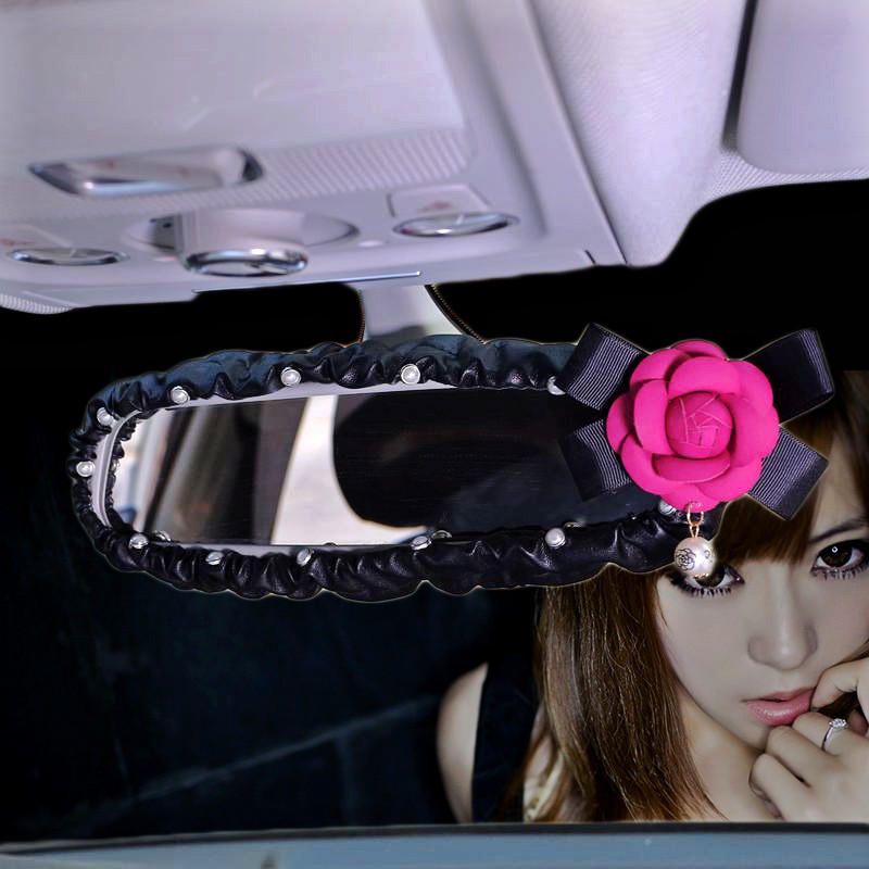 Camellia Bling Fashion Women Leather Car Rearview Mirror Elastic Covers Motorcar Interior Decorate - Black