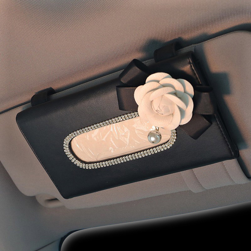 Camellia Bling Leather Automotive Tissue Paper Box Holder Case Seat Back Hanging Tissue Bag - Black