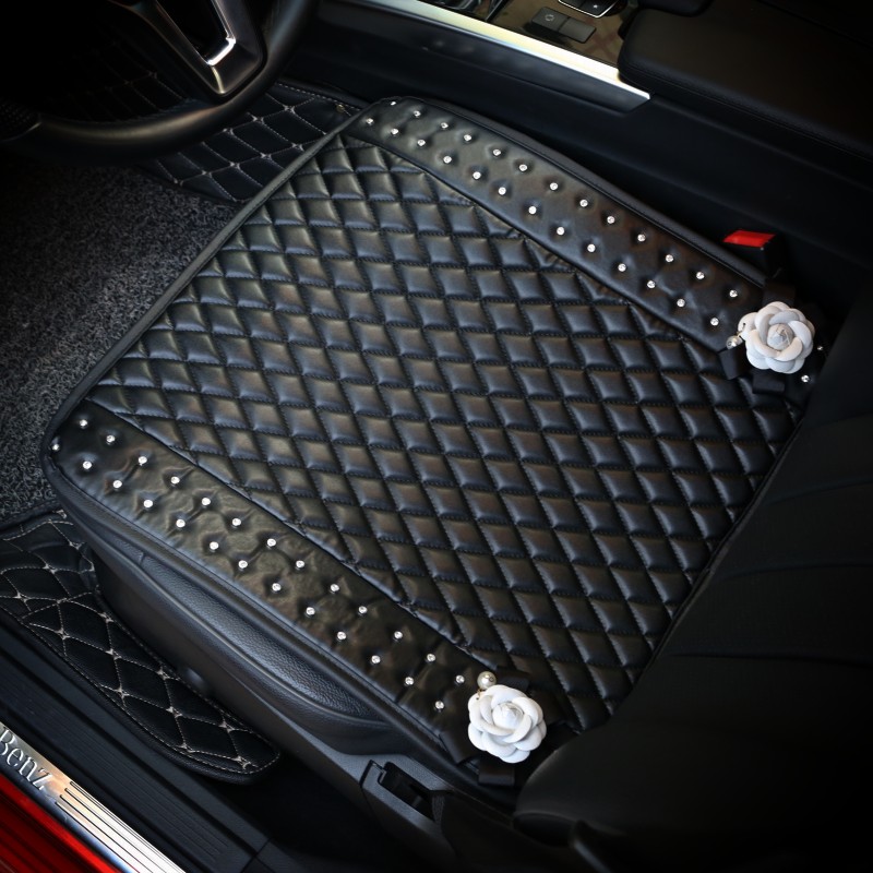 Camellia Studded Crystal Leather Car Front Seat Cushion Woman Universal Pads 1pcs - Black
