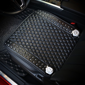 Camellia Studded Crystal Leather Car Front Seat Cushion Woman Universal Pads 1pcs - Black