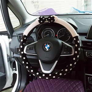 Car Interior Cute Bow Polka Dot Auto Steering Wheel Wrap Cover Velvet 15 Inch 38CM - Black Beige