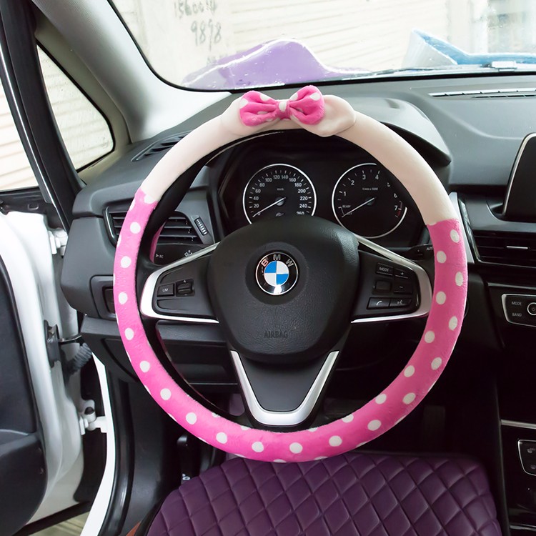 Car Interior Cute Bow Polka Dot Auto Steering Wheel Wrap Cover Velvet 15 Inch 38CM - Pink Beige