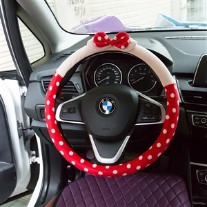 Car Interior Cute Bow Polka Dot Auto Steering Wheel Wrap Cover Velvet 15 Inch 38CM - Red Beige