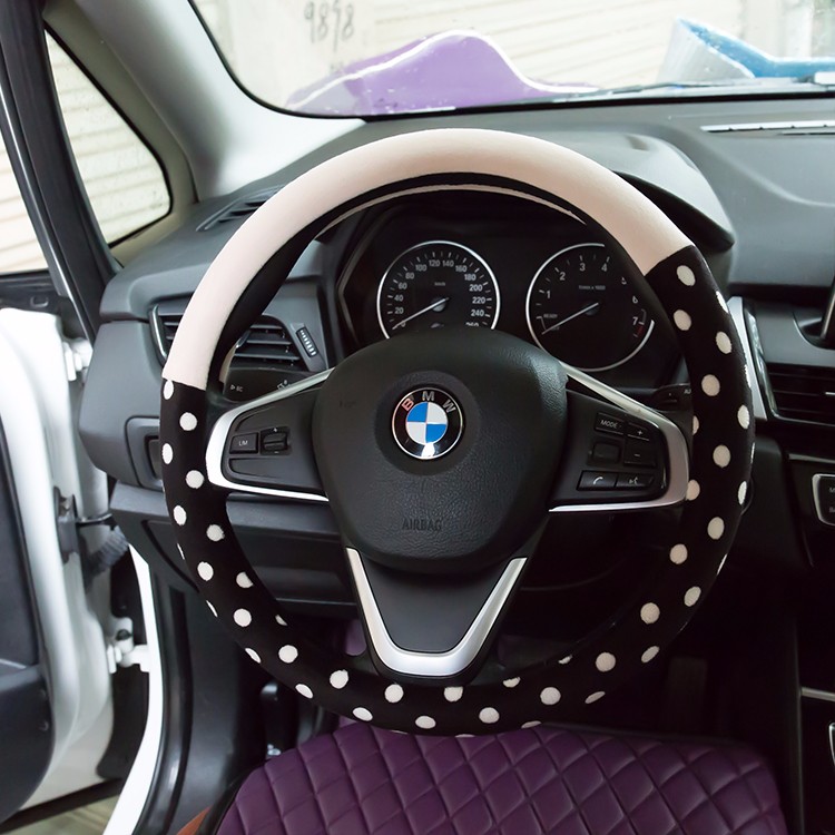 Car Interior Cute Case Polka Dot Auto Steering Wheel Wrap Cover Velvet 15 Inch 38CM - Black Beige