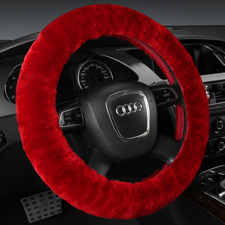 Classical Winter Wool Car Steering-wheel Cover Soft Fur Steering Wheel Cover Sheepskin - Red