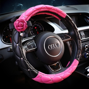 Crystal Flower Pu Leather Vehicle Steering Wheel Covers 15 inch 38CM - Black Rose