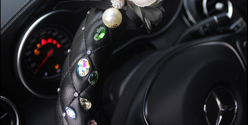 Crystal Lace Flower Leather Vehicle Steering Wheel Covers 15 inch 38CM - Black