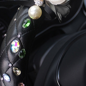 Crystal Lace Flower Leather Vehicle Steering Wheel Covers 15 inch 38CM - Black