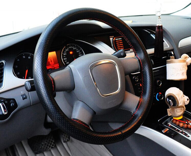 DIY Hand-stitched Hole Style Real Leather Steering Wheel Cover Braid Needles Thread Car Styling - Gray