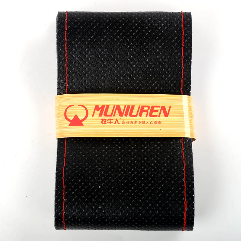 DIY Hand-stitched Hole Style Real Leather Steering Wheel Cover Braid Needles Thread Car Styling - Black Red