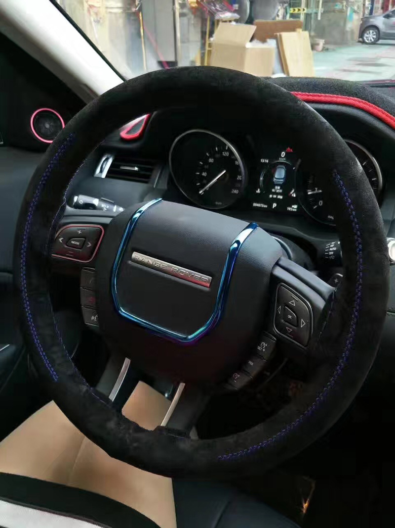 DIY Weaving Leather Car Steering Wheel Covers Hand-Stitched Knitted Universal 38CM - Black Blue
